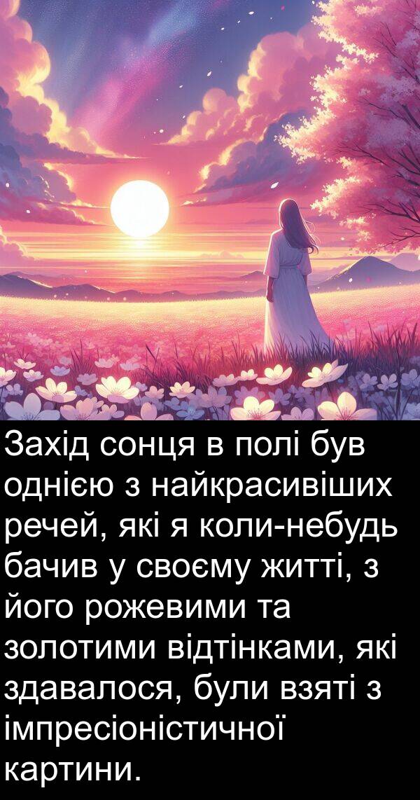 речей: Захід сонця в полі був однією з найкрасивіших речей, які я коли-небудь бачив у своєму житті, з його рожевими та золотими відтінками, які здавалося, були взяті з імпресіоністичної картини.