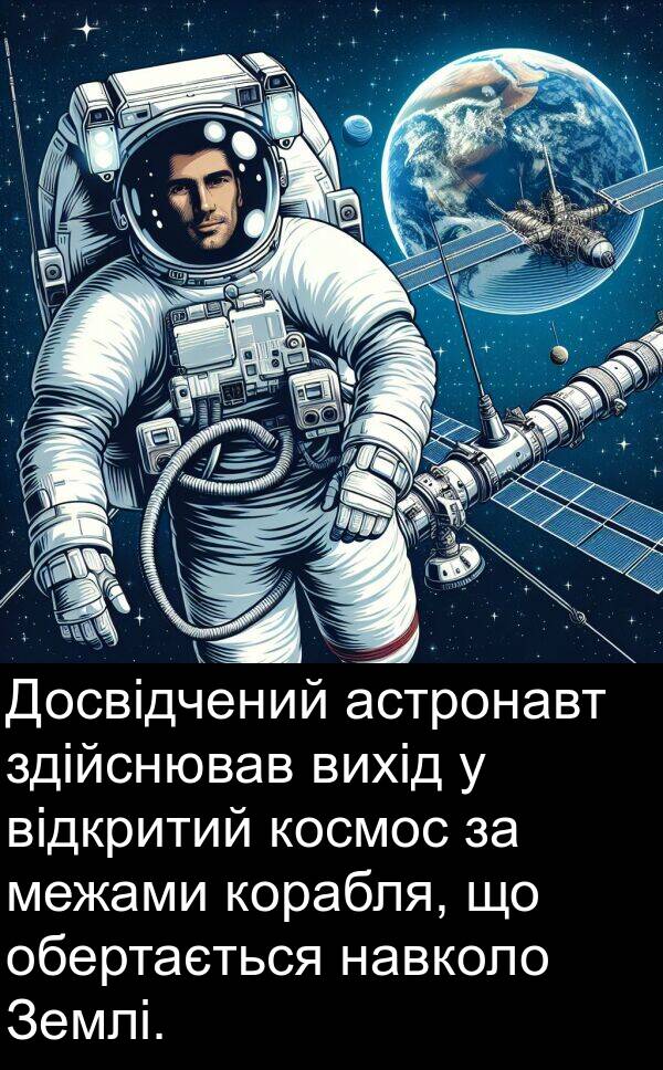 астронавт: Досвідчений астронавт здійснював вихід у відкритий космос за межами корабля, що обертається навколо Землі.