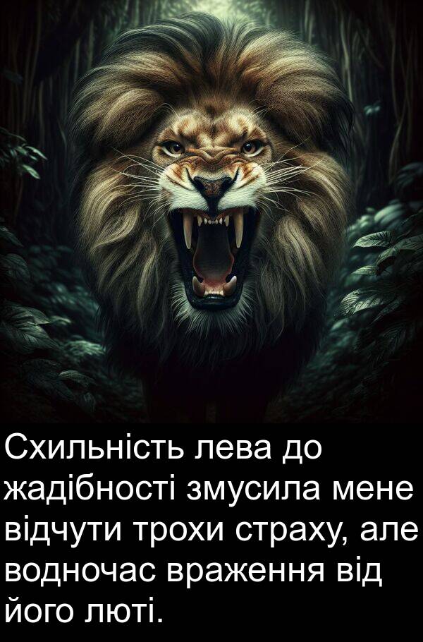 лева: Схильність лева до жадібності змусила мене відчути трохи страху, але водночас враження від його люті.