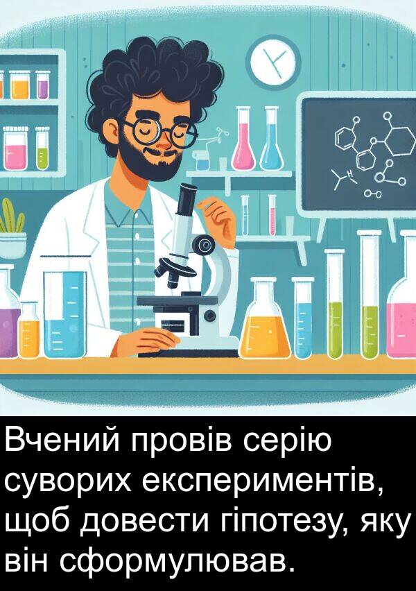 експериментів: Вчений провів серію суворих експериментів, щоб довести гіпотезу, яку він сформулював.