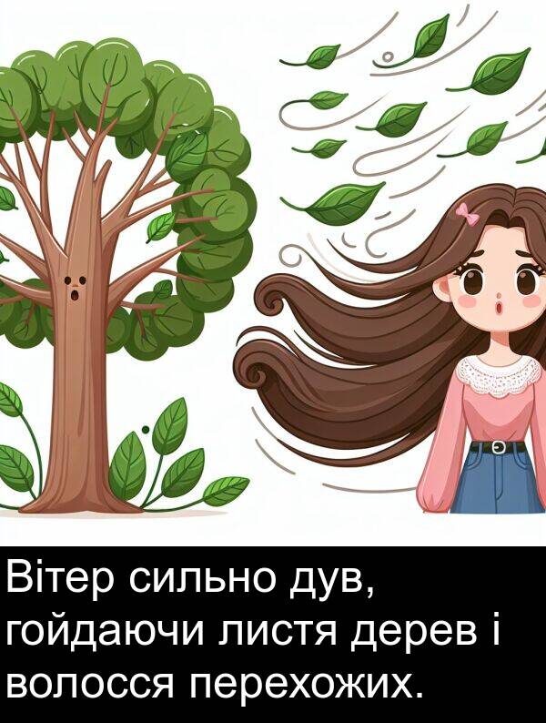 дерев: Вітер сильно дув, гойдаючи листя дерев і волосся перехожих.