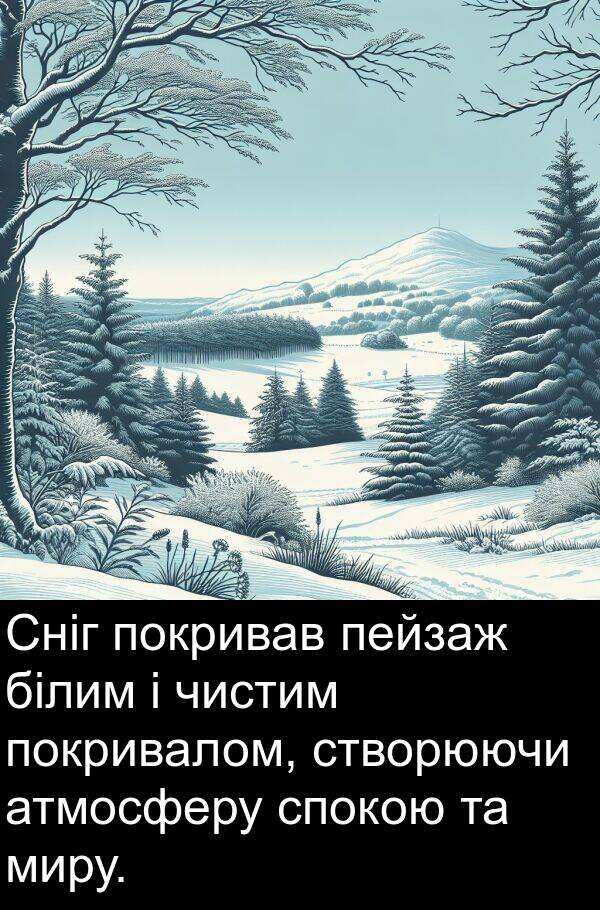 атмосферу: Сніг покривав пейзаж білим і чистим покривалом, створюючи атмосферу спокою та миру.