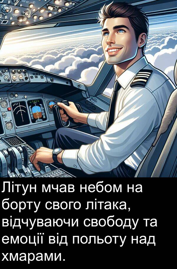 емоції: Літун мчав небом на борту свого літака, відчуваючи свободу та емоції від польоту над хмарами.