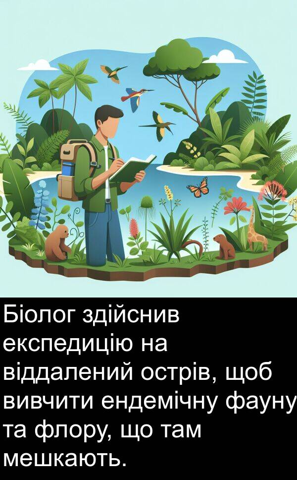 експедицію: Біолог здійснив експедицію на віддалений острів, щоб вивчити ендемічну фауну та флору, що там мешкають.