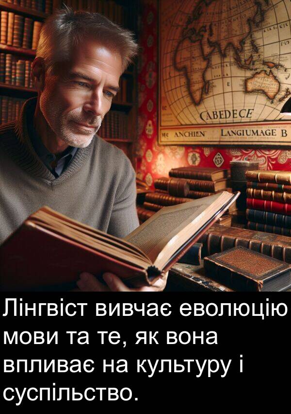 еволюцію: Лінгвіст вивчає еволюцію мови та те, як вона впливає на культуру і суспільство.