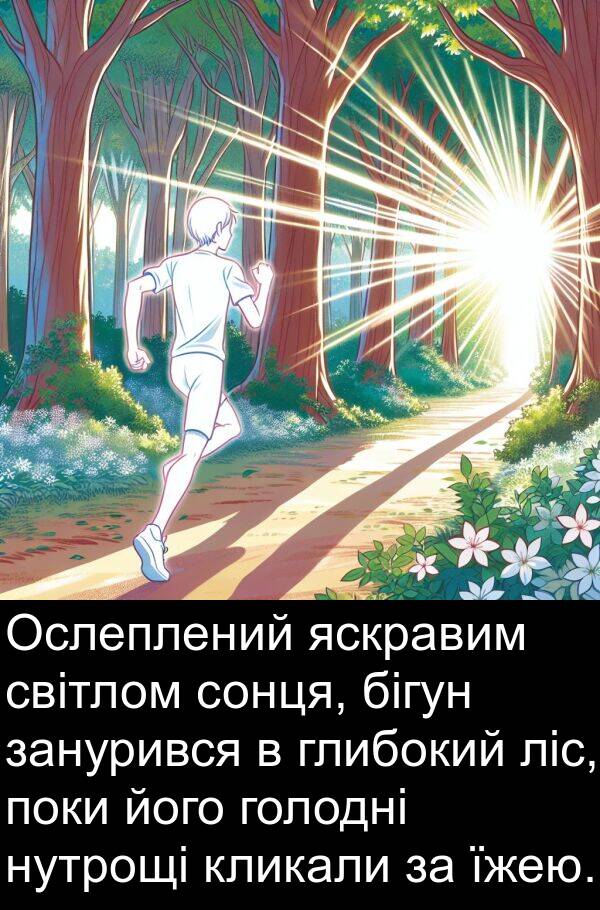 глибокий: Ослеплений яскравим світлом сонця, бігун занурився в глибокий ліс, поки його голодні нутрощі кликали за їжею.