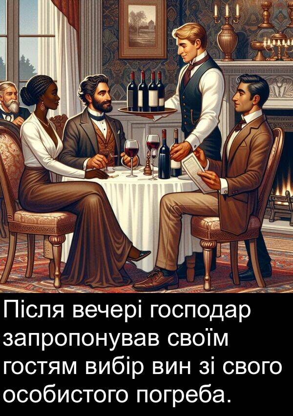свого: Після вечері господар запропонував своїм гостям вибір вин зі свого особистого погреба.