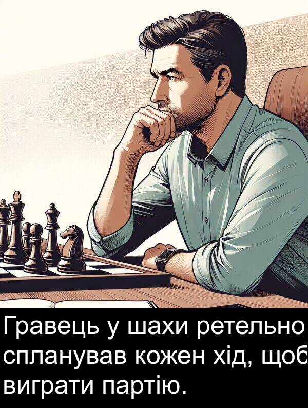 партію: Гравець у шахи ретельно спланував кожен хід, щоб виграти партію.