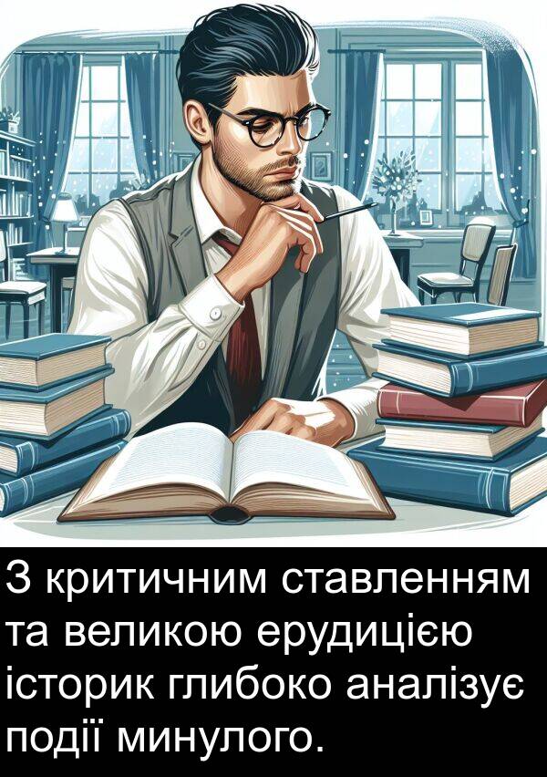 аналізує: З критичним ставленням та великою ерудицією історик глибоко аналізує події минулого.