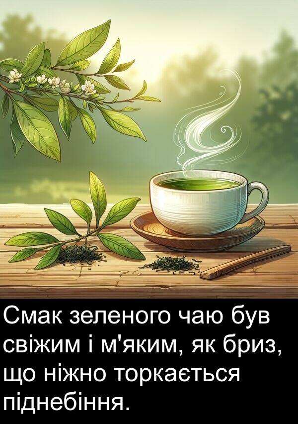 піднебіння: Смак зеленого чаю був свіжим і м'яким, як бриз, що ніжно торкається піднебіння.