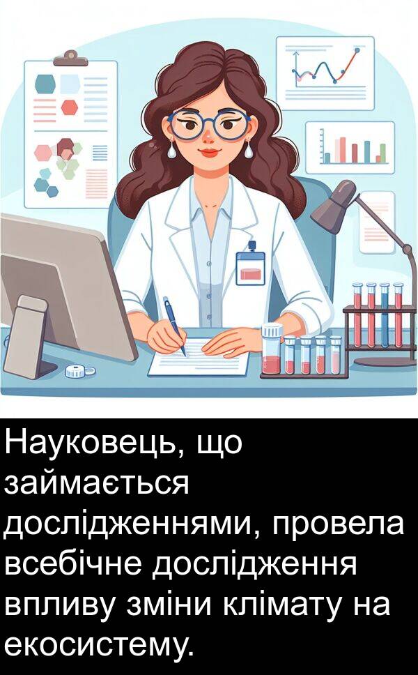 займається: Науковець, що займається дослідженнями, провела всебічне дослідження впливу зміни клімату на екосистему.
