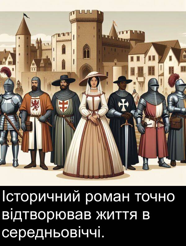 середньовіччі: Історичний роман точно відтворював життя в середньовіччі.