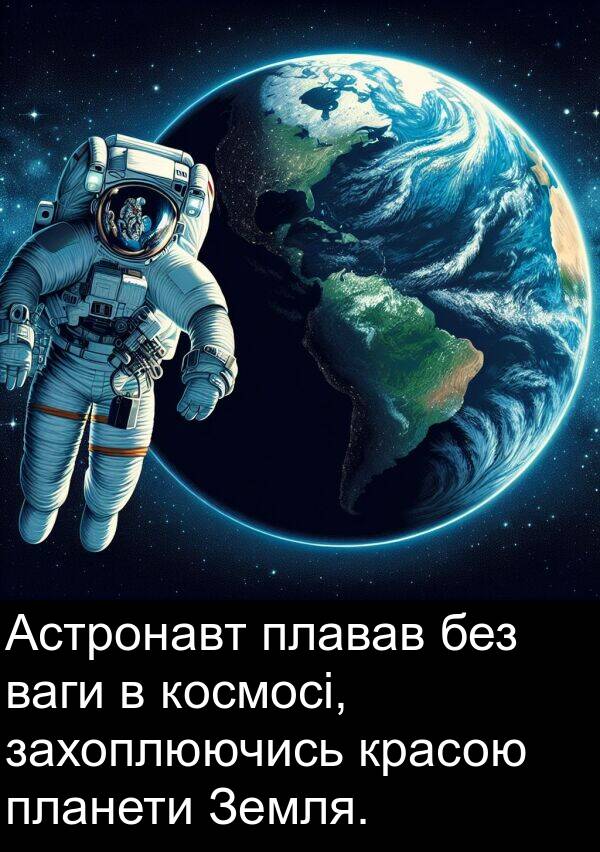 без: Астронавт плавав без ваги в космосі, захоплюючись красою планети Земля.