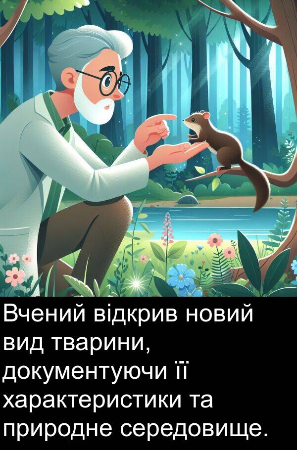 характеристики: Вчений відкрив новий вид тварини, документуючи її характеристики та природне середовище.