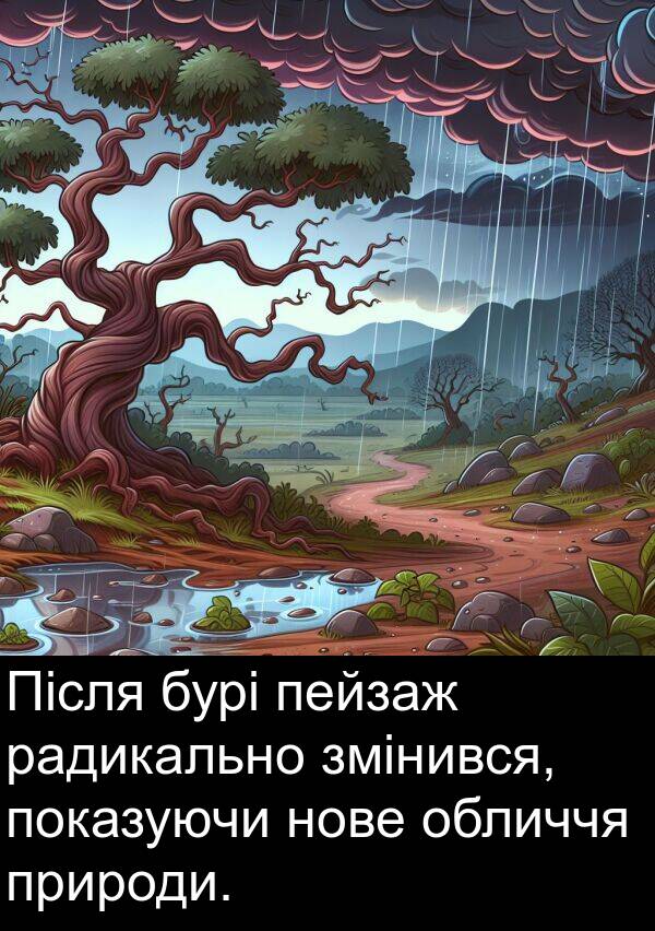 радикально: Після бурі пейзаж радикально змінився, показуючи нове обличчя природи.