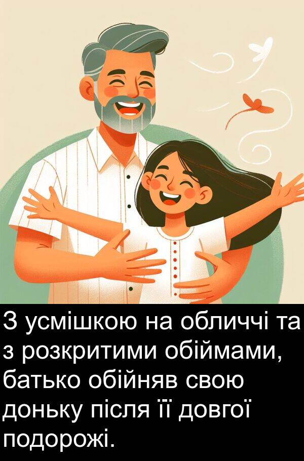після: З усмішкою на обличчі та з розкритими обіймами, батько обійняв свою доньку після її довгої подорожі.