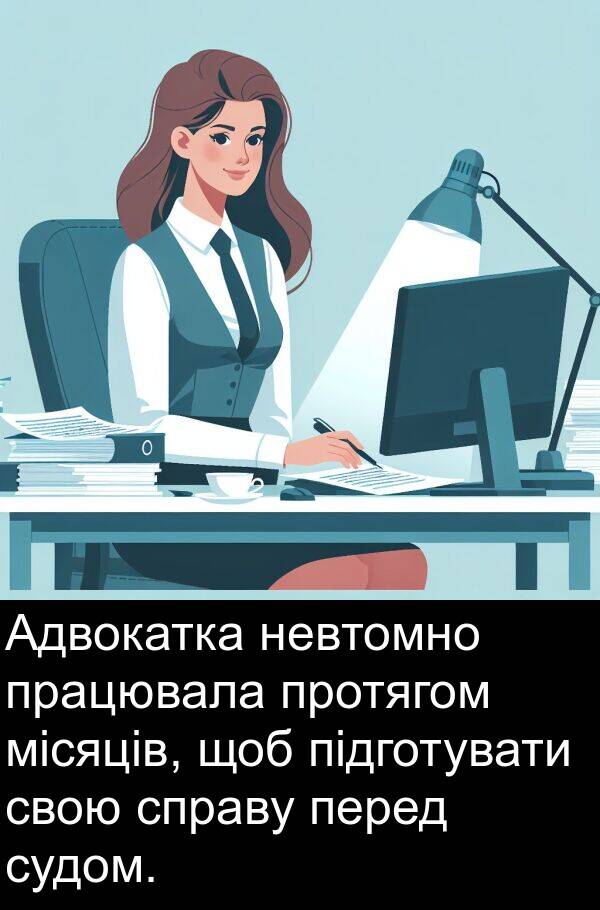 підготувати: Адвокатка невтомно працювала протягом місяців, щоб підготувати свою справу перед судом.