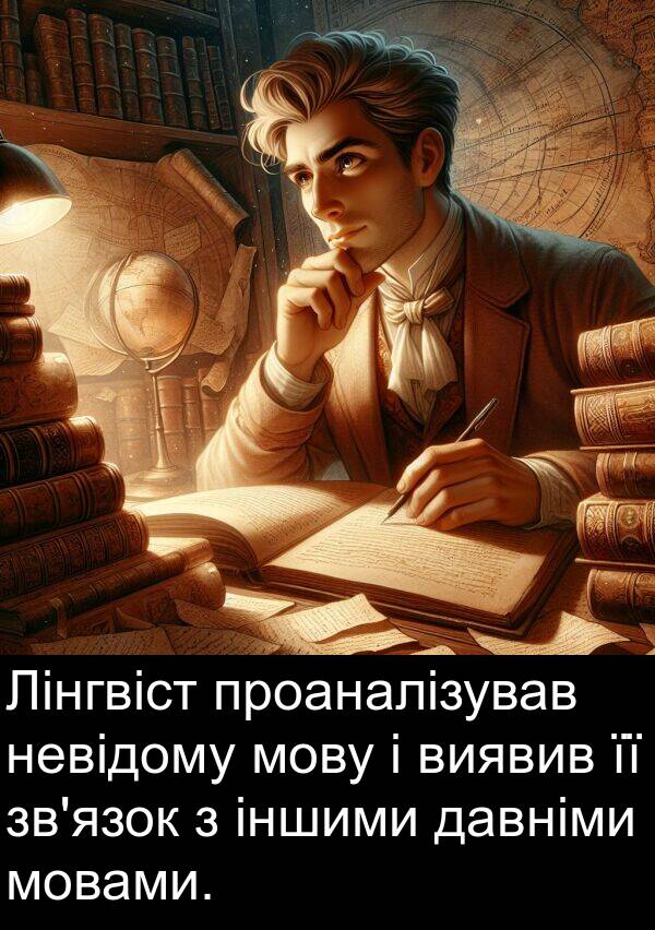 давніми: Лінгвіст проаналізував невідому мову і виявив її зв'язок з іншими давніми мовами.