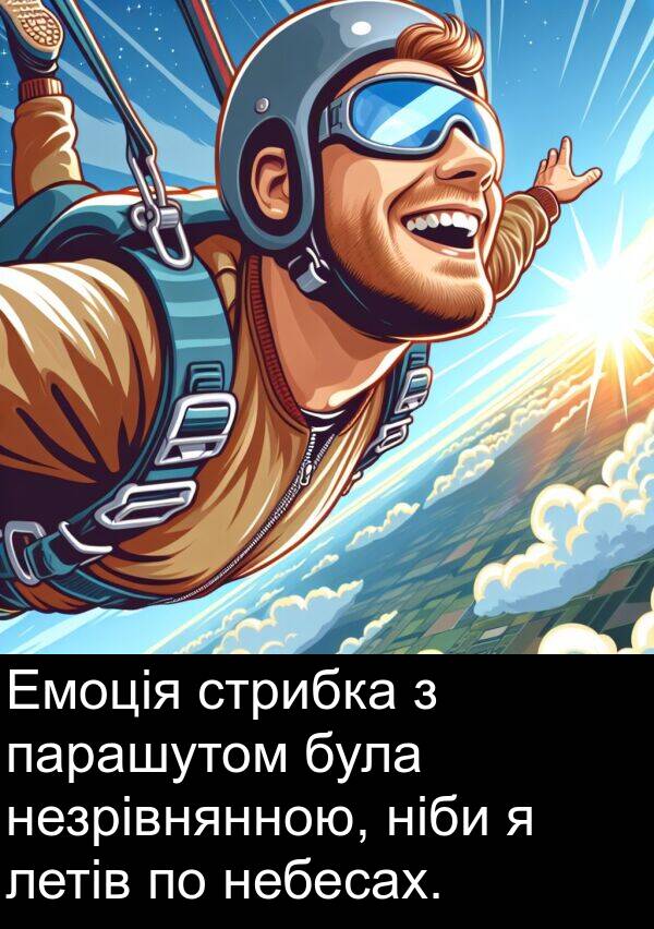 парашутом: Емоція стрибка з парашутом була незрівнянною, ніби я летів по небесах.
