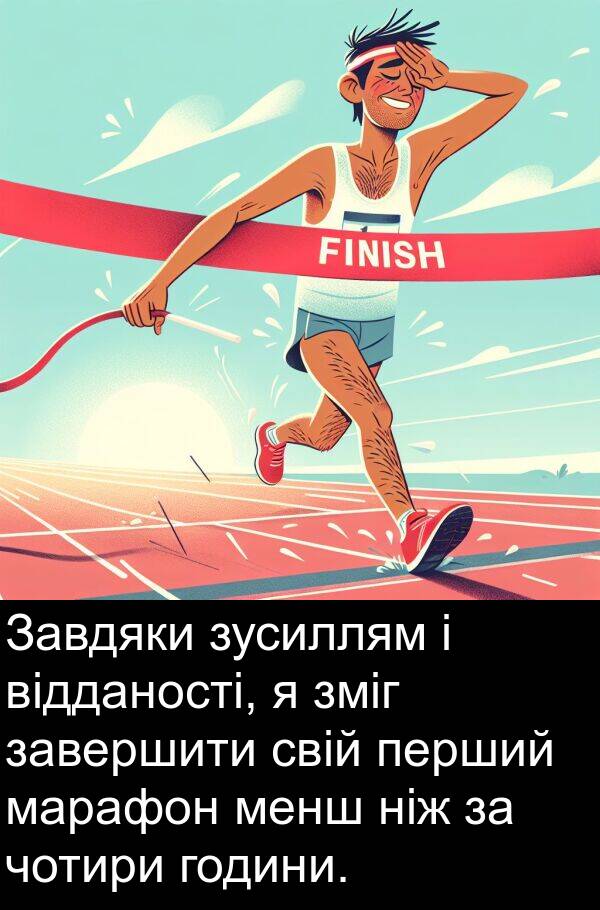 завершити: Завдяки зусиллям і відданості, я зміг завершити свій перший марафон менш ніж за чотири години.