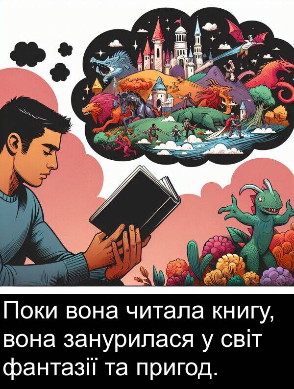 занурилася: Поки вона читала книгу, вона занурилася у світ фантазії та пригод.