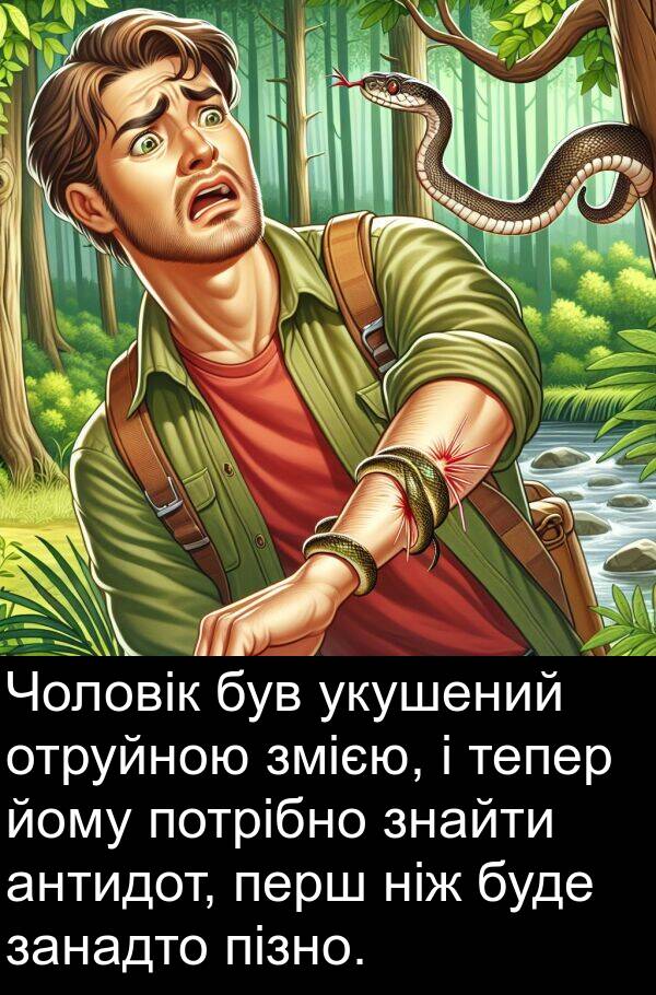 занадто: Чоловік був укушений отруйною змією, і тепер йому потрібно знайти антидот, перш ніж буде занадто пізно.