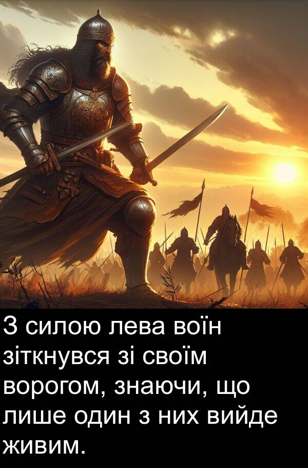 зіткнувся: З силою лева воїн зіткнувся зі своїм ворогом, знаючи, що лише один з них вийде живим.
