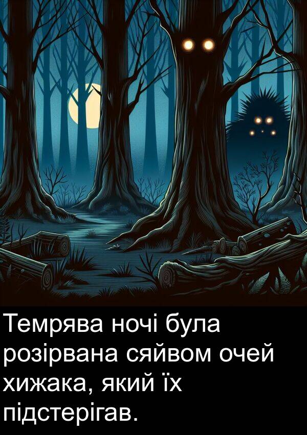 підстерігав: Темрява ночі була розірвана сяйвом очей хижака, який їх підстерігав.