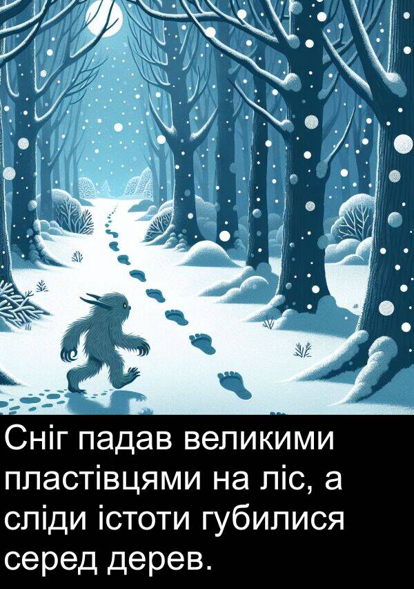 дерев: Сніг падав великими пластівцями на ліс, а сліди істоти губилися серед дерев.