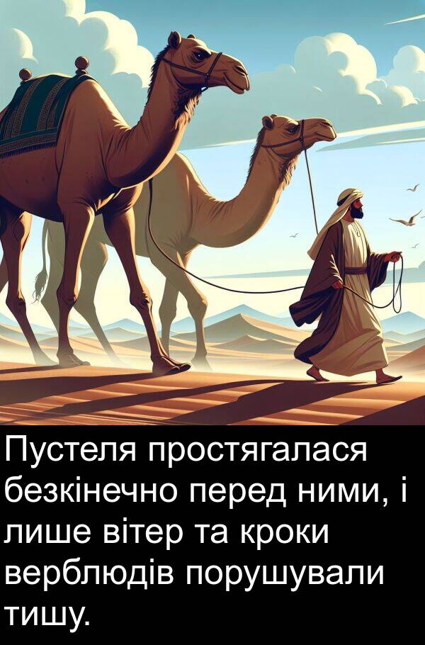 безкінечно: Пустеля простягалася безкінечно перед ними, і лише вітер та кроки верблюдів порушували тишу.