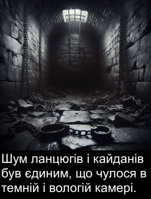 єдиним: Шум ланцюгів і кайданів був єдиним, що чулося в темній і вологій камері.