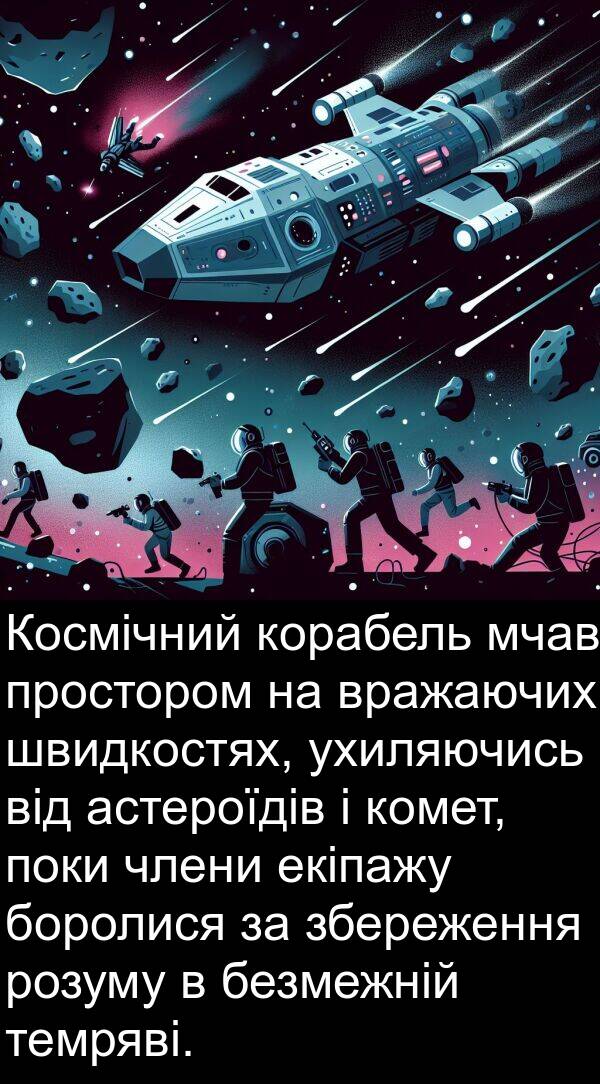 екіпажу: Космічний корабель мчав простором на вражаючих швидкостях, ухиляючись від астероїдів і комет, поки члени екіпажу боролися за збереження розуму в безмежній темряві.