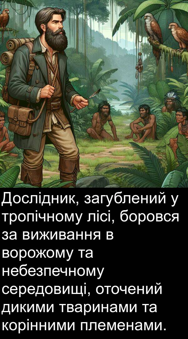 дикими: Дослідник, загублений у тропічному лісі, боровся за виживання в ворожому та небезпечному середовищі, оточений дикими тваринами та корінними племенами.