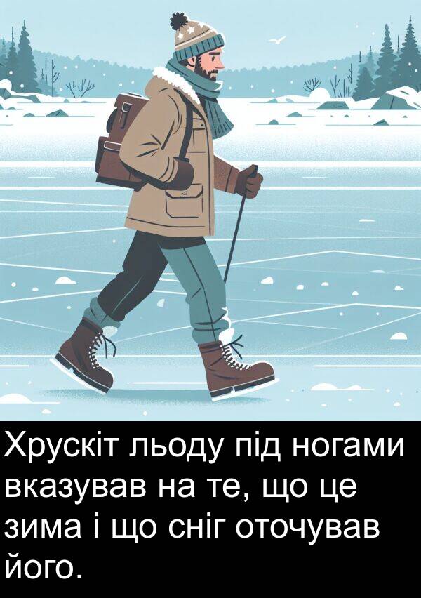 льоду: Хрускіт льоду під ногами вказував на те, що це зима і що сніг оточував його.