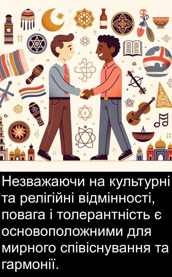 релігійні: Незважаючи на культурні та релігійні відмінності, повага і толерантність є основоположними для мирного співіснування та гармонії.