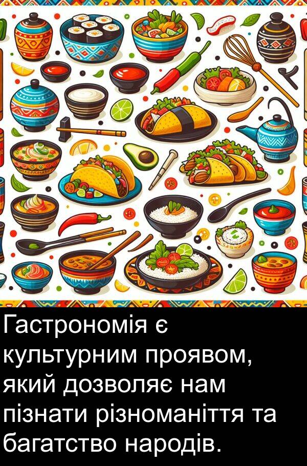 різноманіття: Гастрономія є культурним проявом, який дозволяє нам пізнати різноманіття та багатство народів.