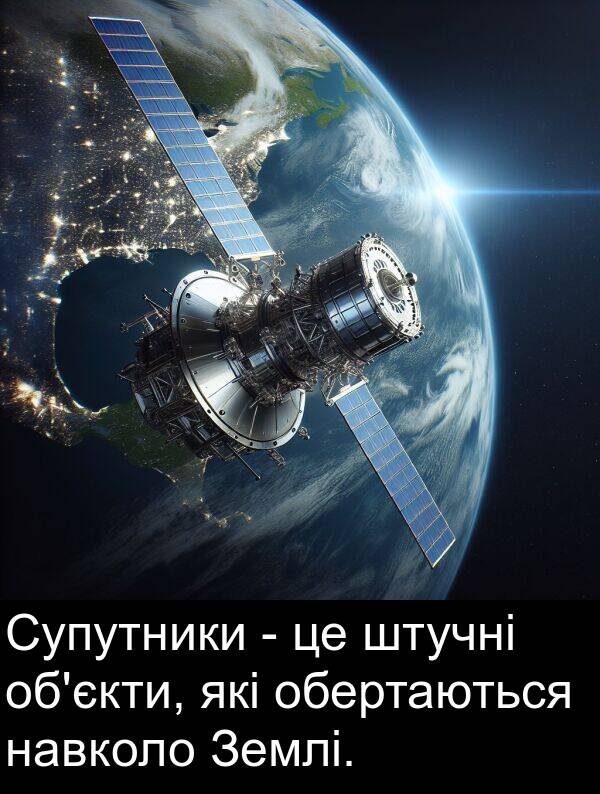 штучні: Супутники - це штучні об'єкти, які обертаються навколо Землі.