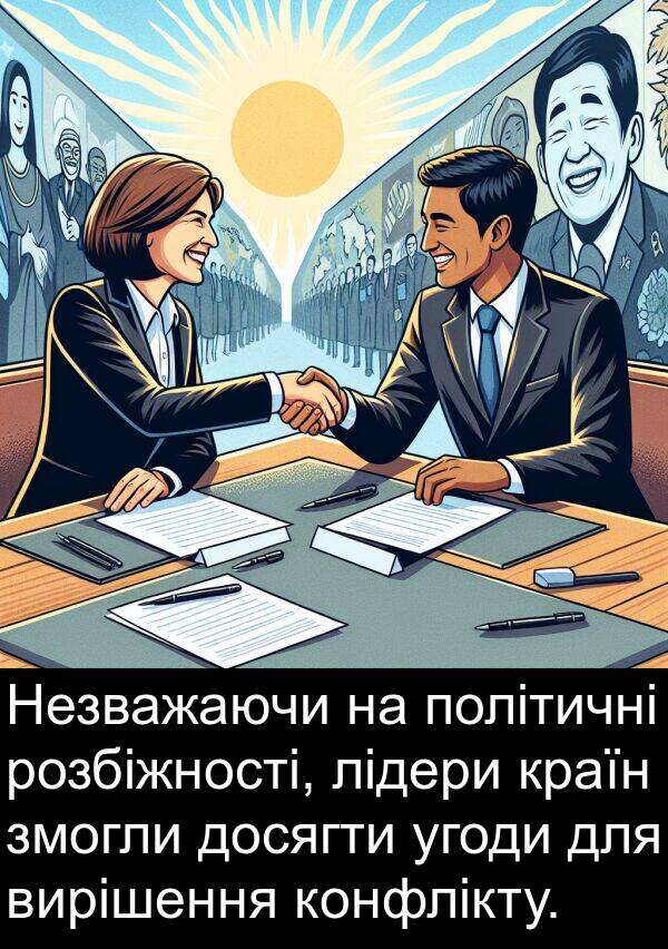 угоди: Незважаючи на політичні розбіжності, лідери країн змогли досягти угоди для вирішення конфлікту.