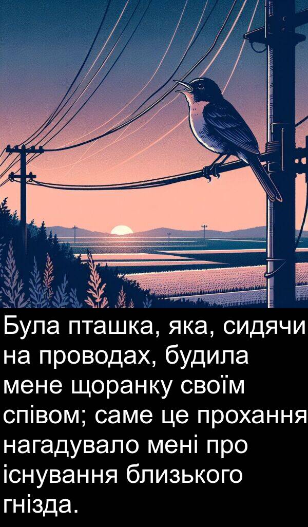 щоранку: Була пташка, яка, сидячи на проводах, будила мене щоранку своїм співом; саме це прохання нагадувало мені про існування близького гнізда.