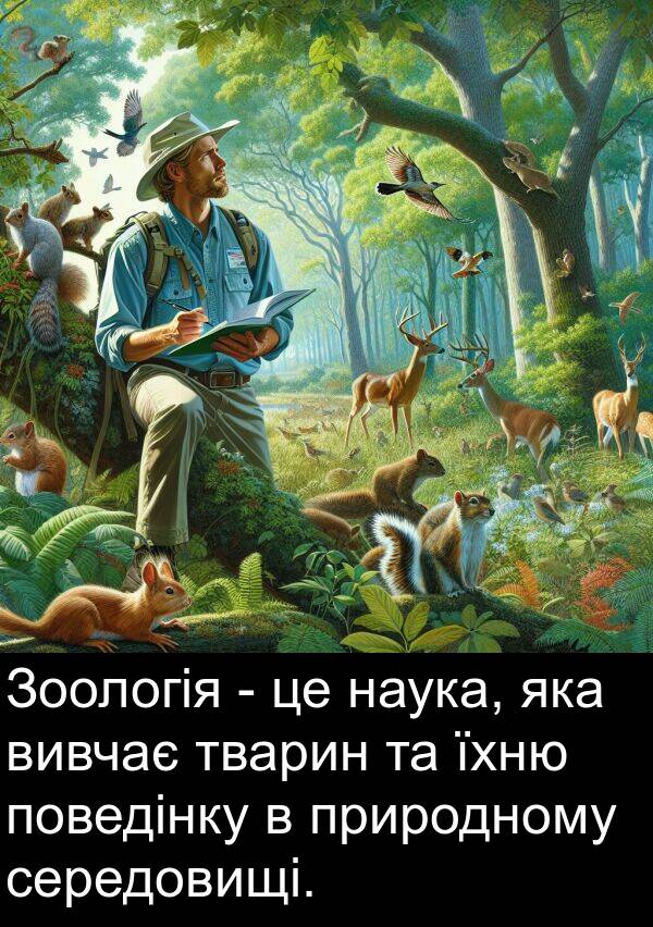 їхню: Зоологія - це наука, яка вивчає тварин та їхню поведінку в природному середовищі.