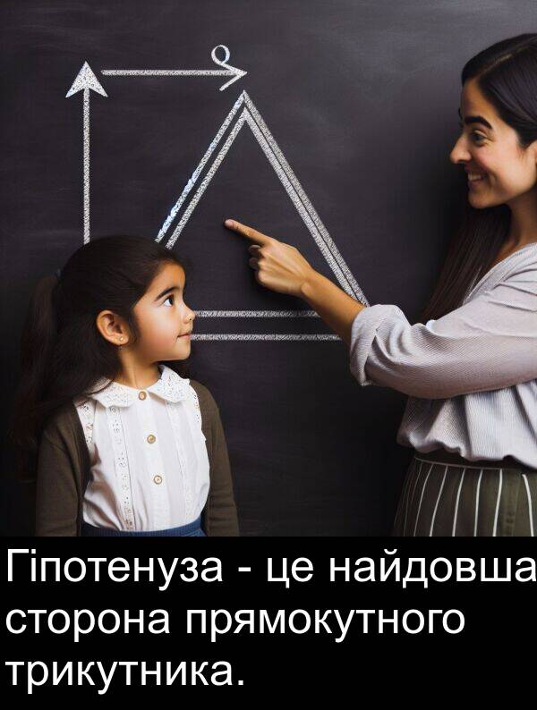 найдовша: Гіпотенуза - це найдовша сторона прямокутного трикутника.