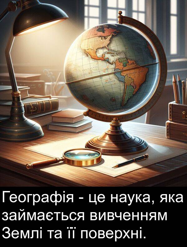 займається: Географія - це наука, яка займається вивченням Землі та її поверхні.