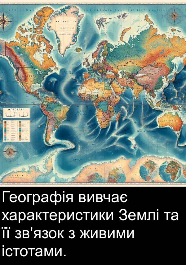 живими: Географія вивчає характеристики Землі та її зв'язок з живими істотами.