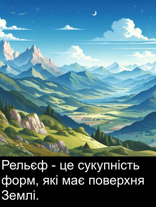 які: Рельєф - це сукупність форм, які має поверхня Землі.