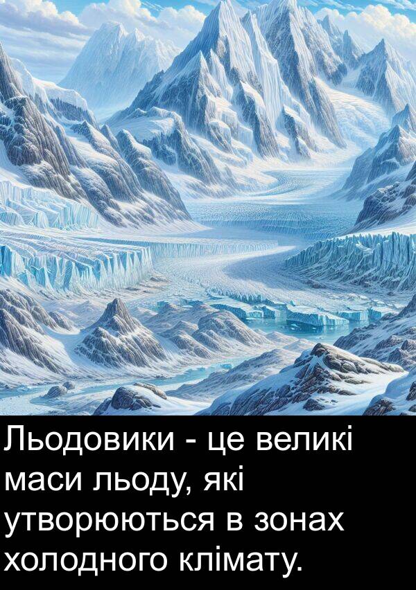 маси: Льодовики - це великі маси льоду, які утворюються в зонах холодного клімату.