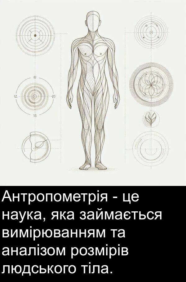 аналізом: Антропометрія - це наука, яка займається вимірюванням та аналізом розмірів людського тіла.