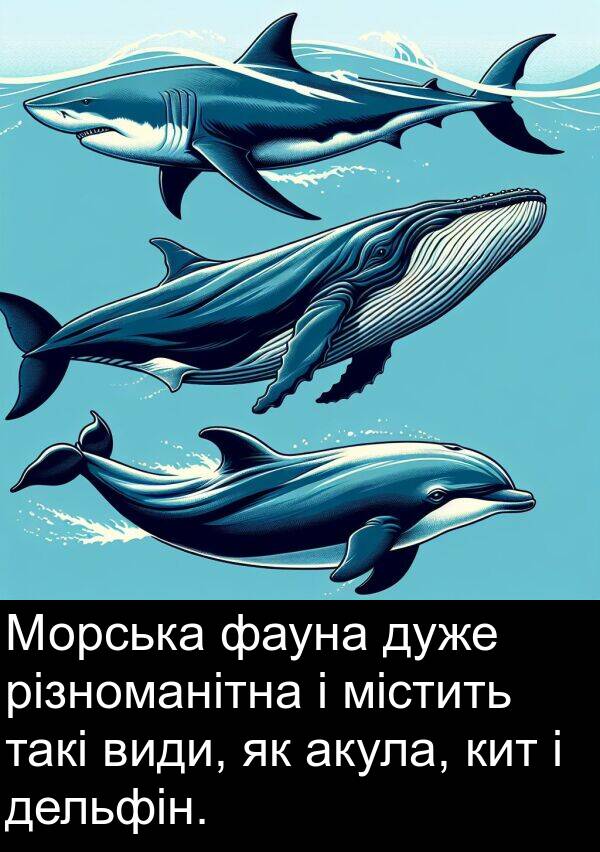 різноманітна: Морська фауна дуже різноманітна і містить такі види, як акула, кит і дельфін.