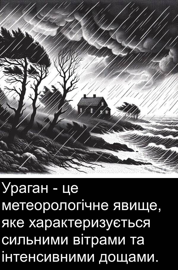 інтенсивними: Ураган - це метеорологічне явище, яке характеризується сильними вітрами та інтенсивними дощами.