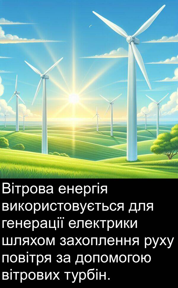 електрики: Вітрова енергія використовується для генерації електрики шляхом захоплення руху повітря за допомогою вітрових турбін.