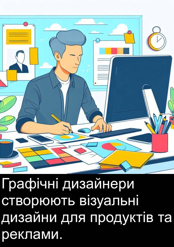 дизайнери: Графічні дизайнери створюють візуальні дизайни для продуктів та реклами.